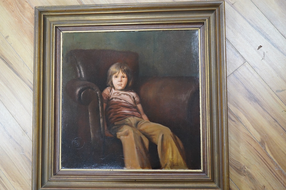 Ken Moroney (1949-2018), oil on canvas, Study of a seated child, signed, 50 x 50cm. Condition - fair to good, some craquelure